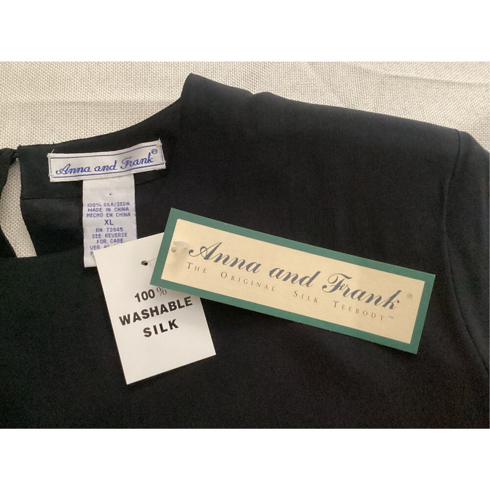 Vintage Anna and Frank Washable Silk Blouse Black Short Sleeve Crew Neck XL - Picture 4 of 6